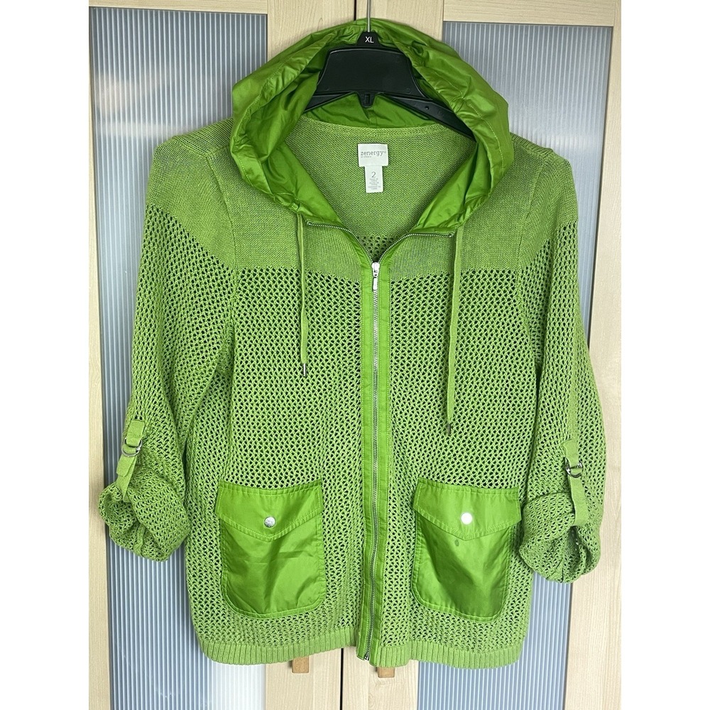 Chico's Zenergy Green Crochet Hooded Zip Sweater Jacket Sz 2 L Resort Sport